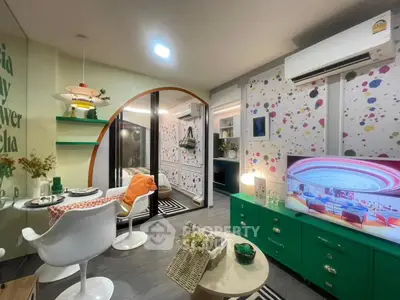 Stylish modern living room with colorful decor and open layout, featuring a cozy dining area and vibrant accents.