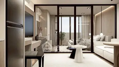 Modern living room with sleek design and glass partition leading to a cozy bedroom.
