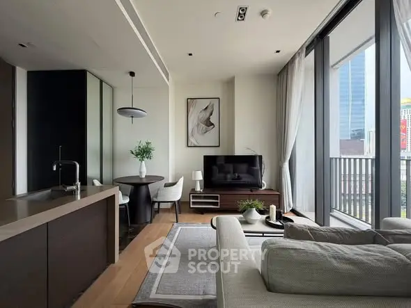 Modern living room with open kitchen and city view balcony in luxury apartment
