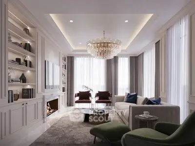 Luxurious living room with elegant chandelier, cozy fireplace, and modern furnishings in a spacious setting.