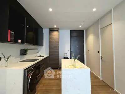 Modern kitchen with sleek design, featuring an island and integrated appliances, perfect for urban living.