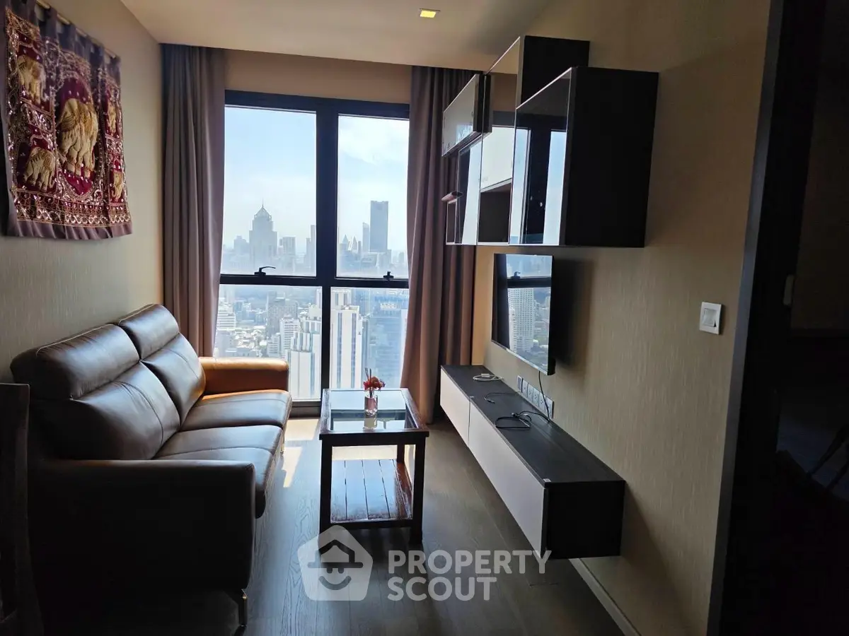 Modern living room with stunning city view and elegant decor