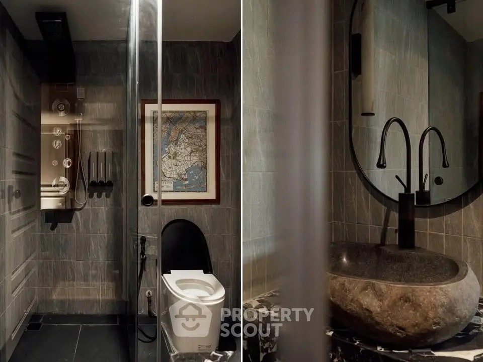 Luxurious modern bathroom with stone sink and sleek fixtures