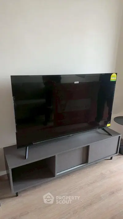 Modern living room with sleek TV on stylish stand, perfect for entertainment.