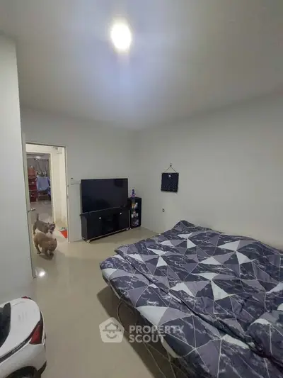 Cozy bedroom with modern decor and large TV setup