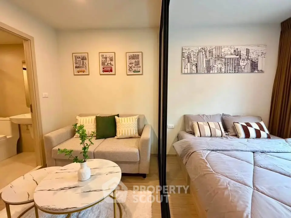 Modern studio apartment with cozy living area and stylish bedroom decor