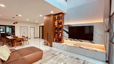 Luxurious modern living room with elegant decor and spacious dining area