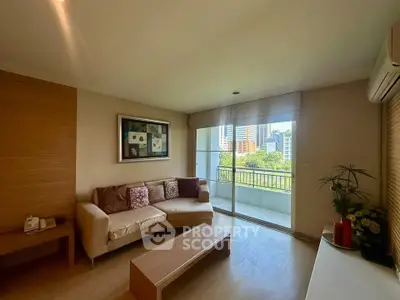 Modern living room with balcony view in urban apartment