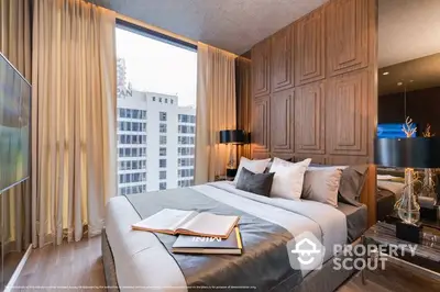 Luxurious bedroom with floor-to-ceiling windows offering a city view, complemented by elegant wood paneling and plush bedding.