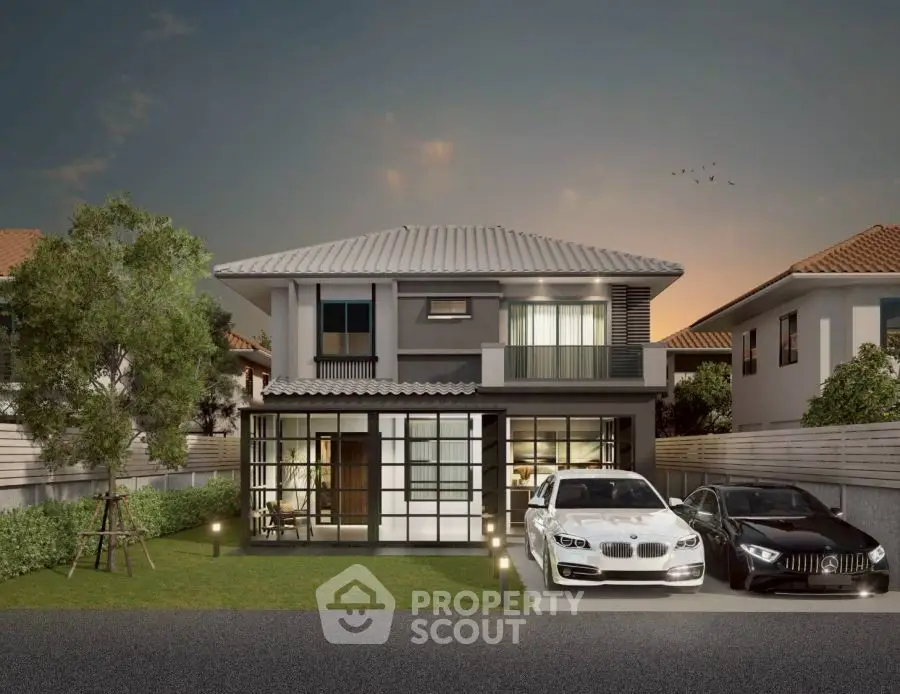 Stunning modern two-story house with sleek design and spacious driveway at dusk.