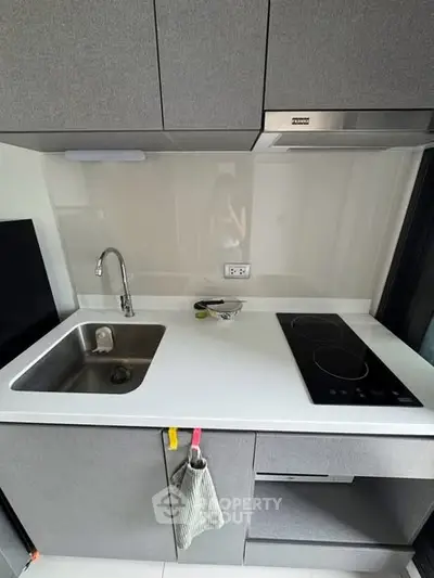 Modern kitchen with sleek cabinetry and electric cooktop in a compact layout.