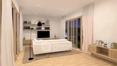 Modern living room with sleek design, large windows, and stylish furniture.