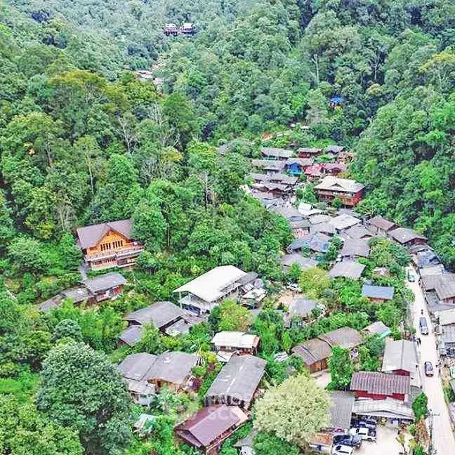 Aerial view of a charming village nestled in lush green forest, showcasing rustic homes and serene surroundings.