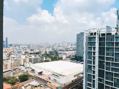 Stunning cityscape view from a high-rise building, showcasing urban skyline and modern architecture.