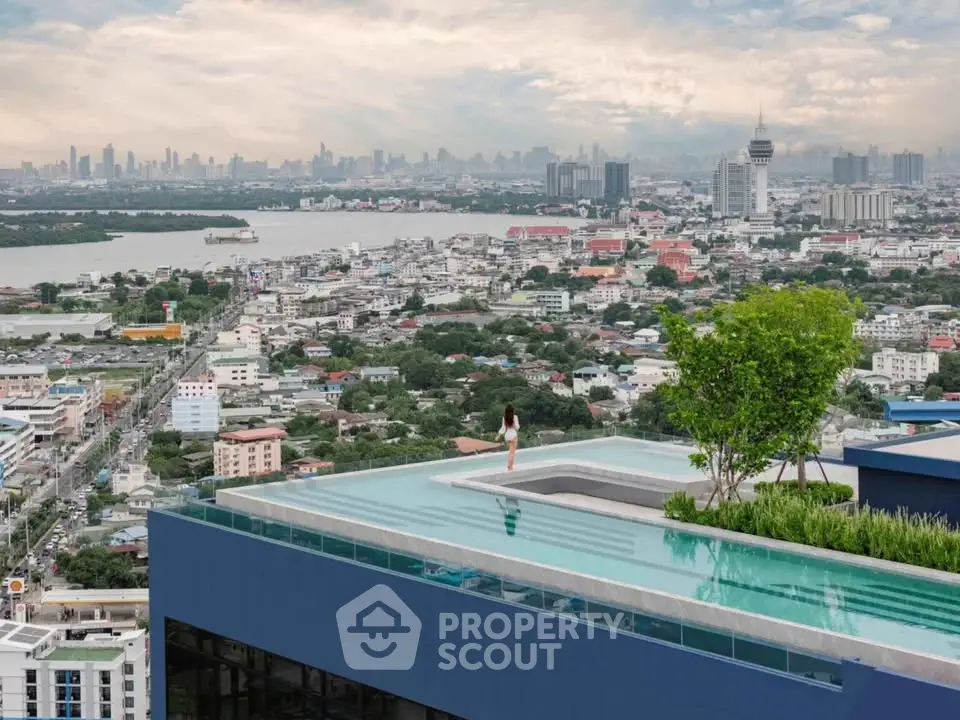 Stunning rooftop pool with panoramic city skyline view, perfect for luxury urban living.