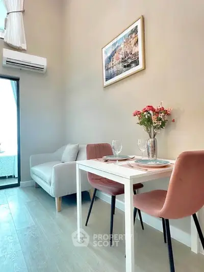 Chic modern living room with elegant dining setup and stylish decor