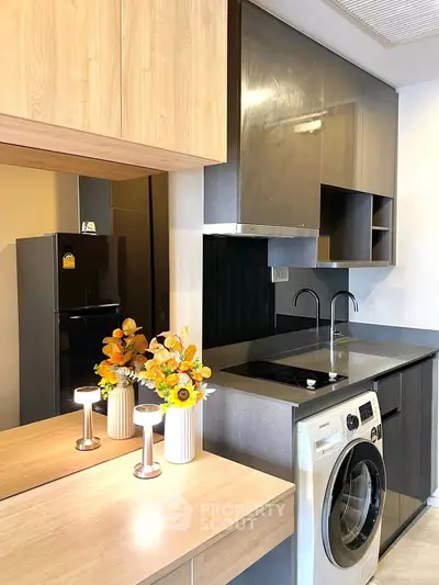 Modern kitchen with sleek cabinets, washing machine, and stylish decor in a contemporary apartment.