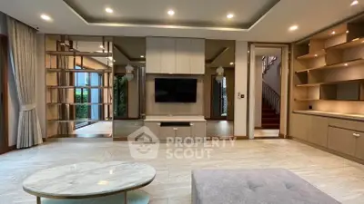 Luxurious modern living room with elegant built-in shelves and stylish decor