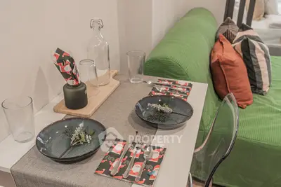 Cozy dining setup with festive decor in modern living space
