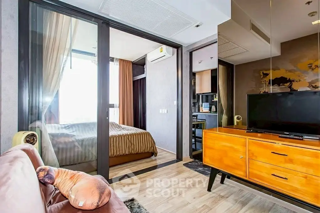 Modern apartment interior with cozy bedroom and stylish living area