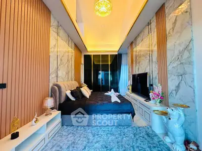 Luxurious modern bedroom with elegant decor and ambient lighting