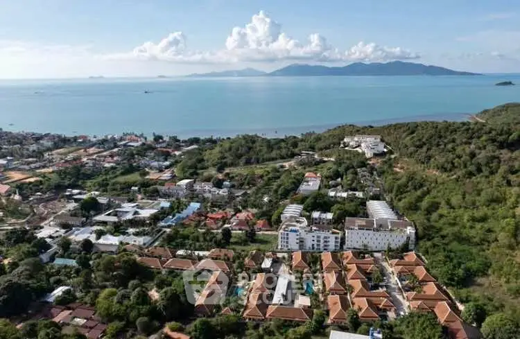 Stunning aerial view of coastal real estate with ocean backdrop and lush greenery.