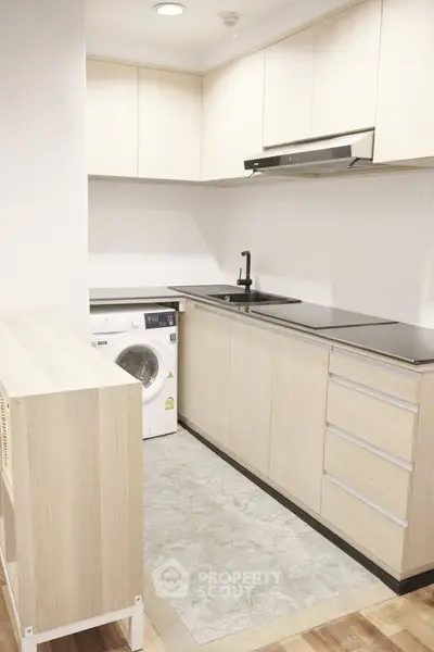 Modern kitchen with sleek cabinetry and built-in washing machine