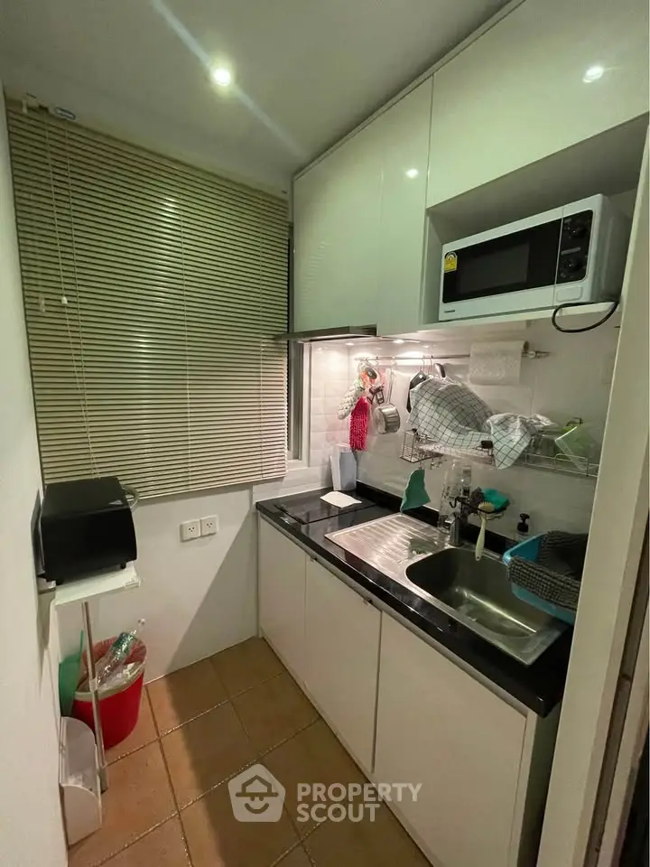 Compact kitchen with modern appliances and sleek cabinetry in a cozy apartment.
