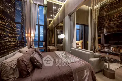Luxurious modern bedroom with floor-to-ceiling windows and elegant decor