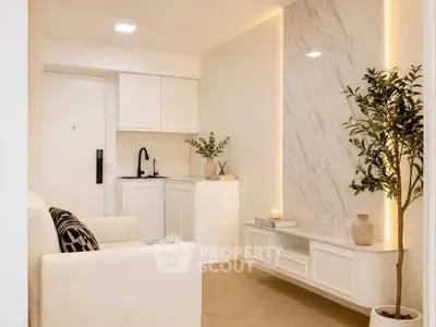 Elegant modern living room with marble accent wall and cozy seating area
