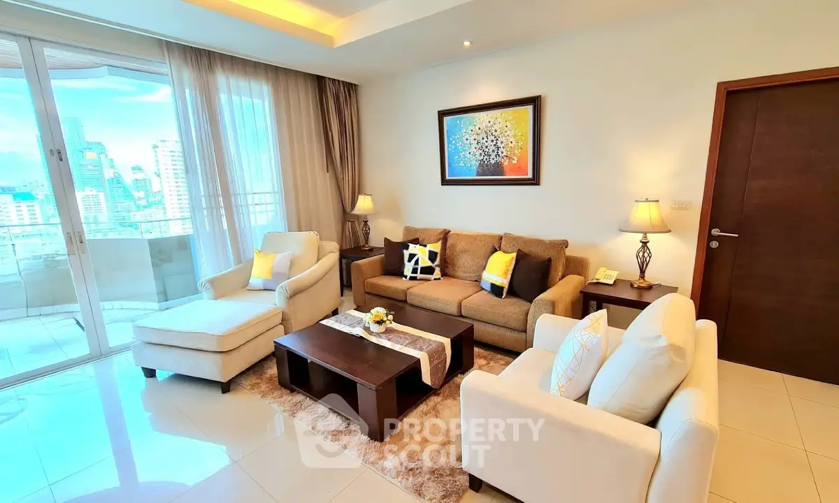 Luxurious living room with modern decor and city view, featuring plush seating and elegant lighting.
