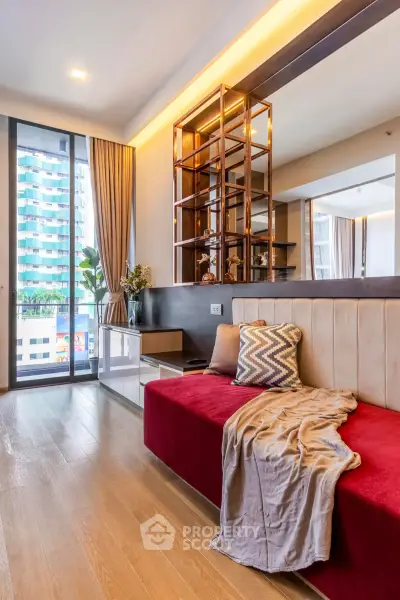 Luxurious modern living room with stylish decor and large windows offering city views.