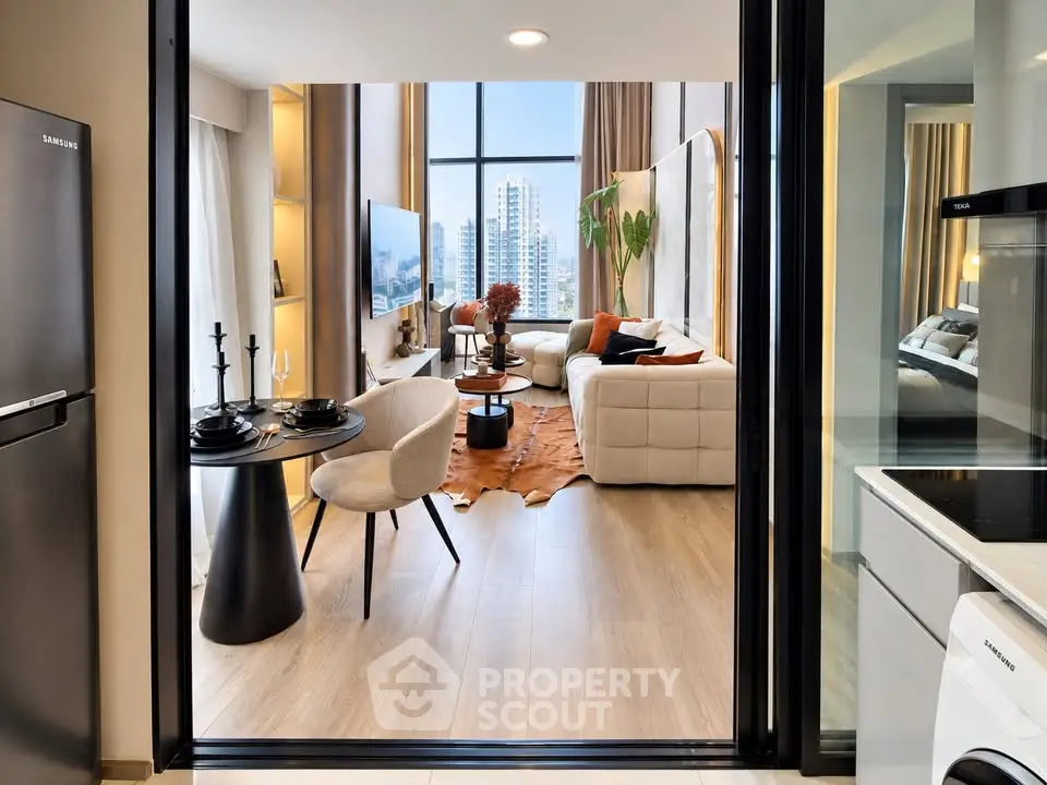 Modern open-plan living room with stylish decor and city view