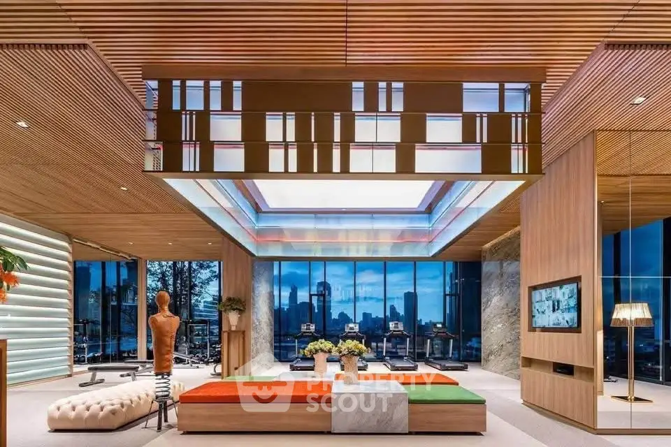 Luxurious modern living room with stunning city skyline view and elegant decor