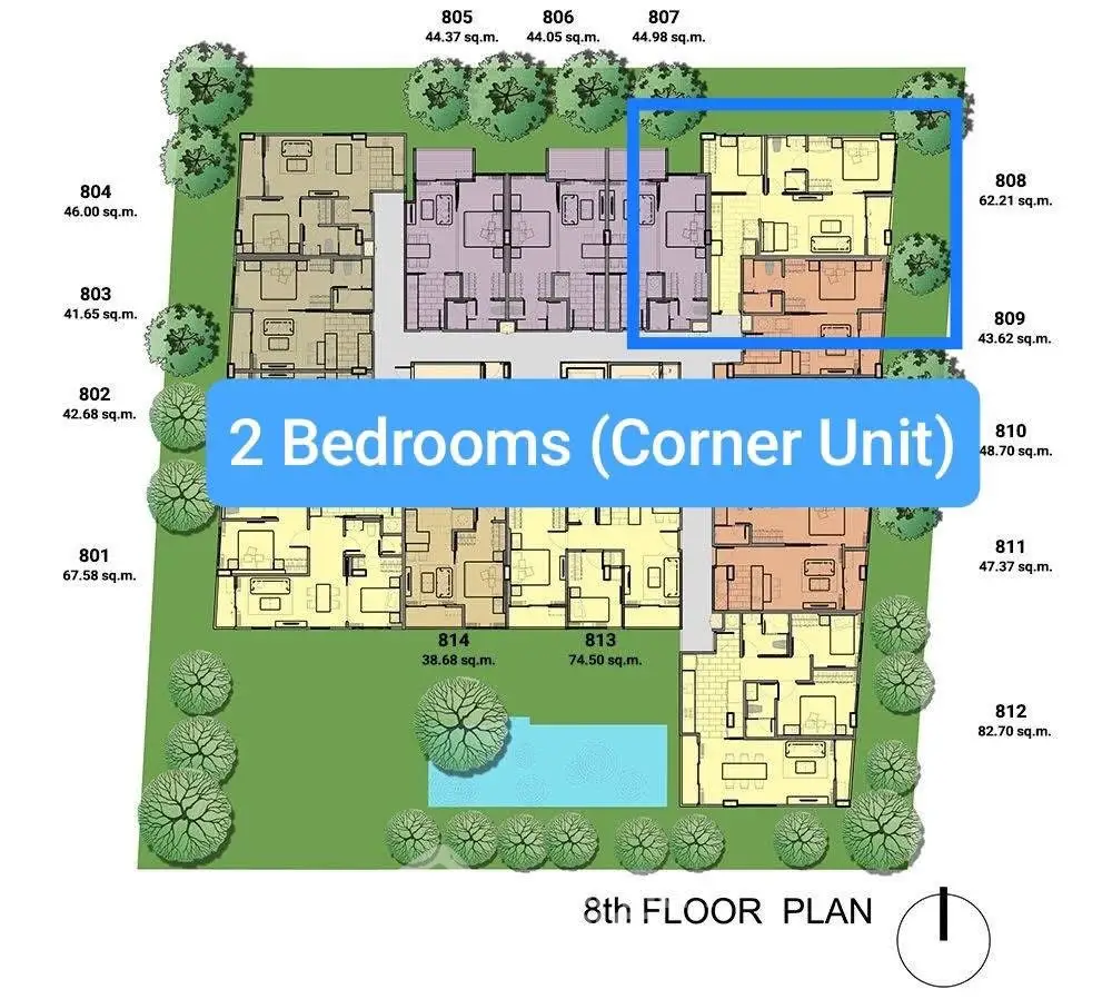 Detailed 8th floor plan highlighting a 2-bedroom corner unit in a residential building.