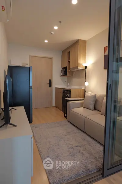 Modern compact living room with cozy sofa and sleek TV setup in stylish apartment.