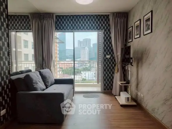 Modern living room with city view and stylish decor