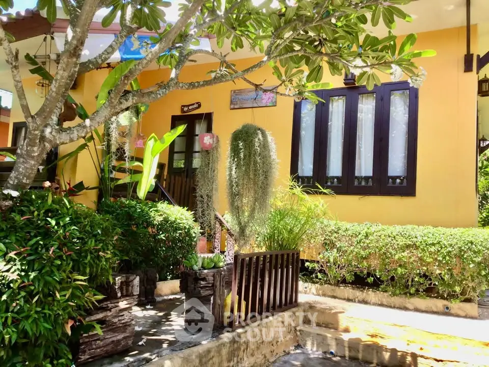 Charming tropical garden with lush greenery and vibrant yellow exterior of a cozy home.