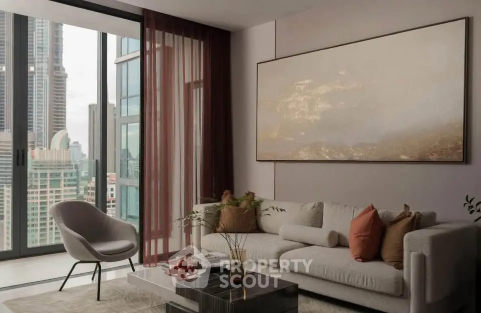 Luxurious modern living room with city view, elegant decor, and floor-to-ceiling windows.
