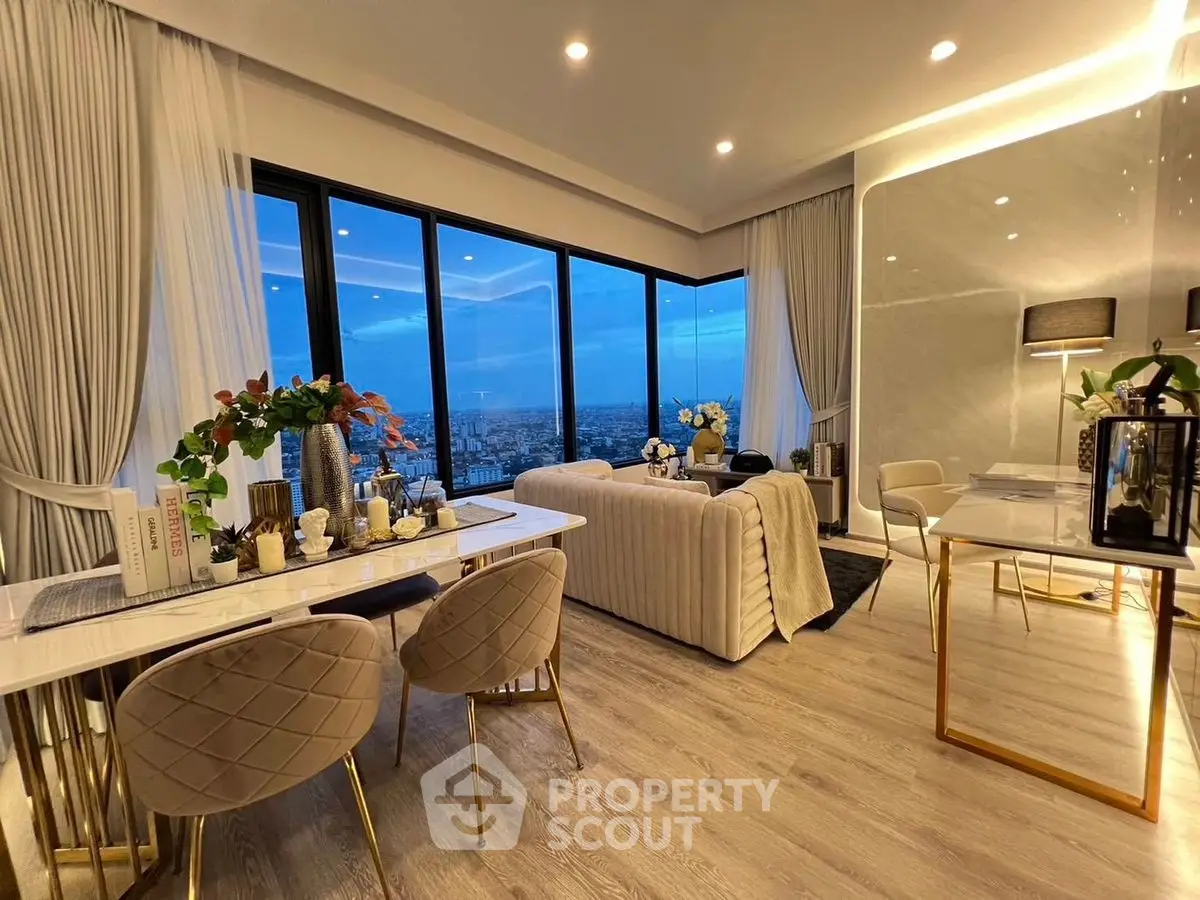 Luxurious high-rise living room with stunning city view and elegant decor