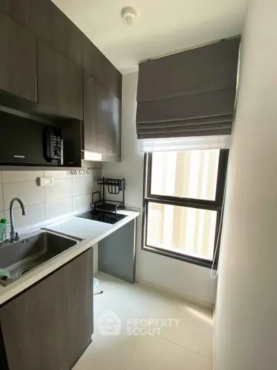 Modern compact kitchen with sleek cabinetry and natural light