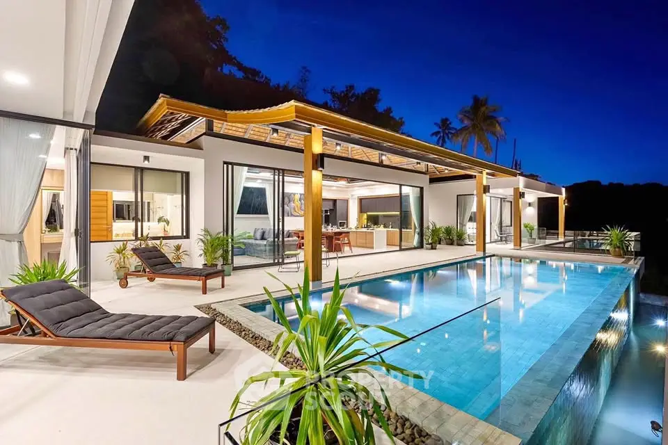 Luxurious modern villa with infinity pool and stunning night view