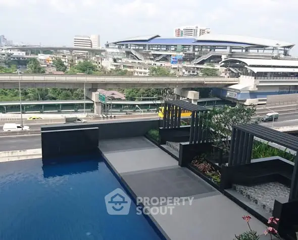 Modern rooftop pool with city view and urban landscape