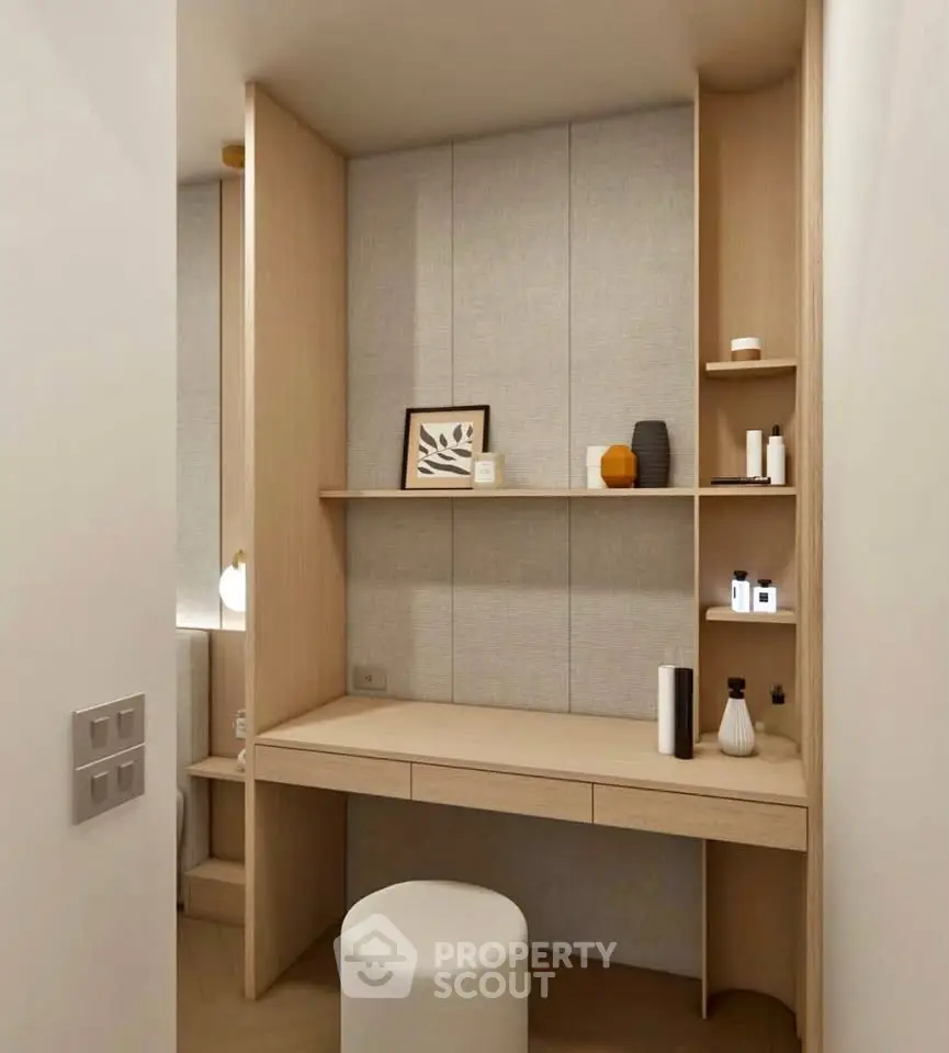 Modern study nook with sleek wooden desk and shelves, perfect for productivity and style.