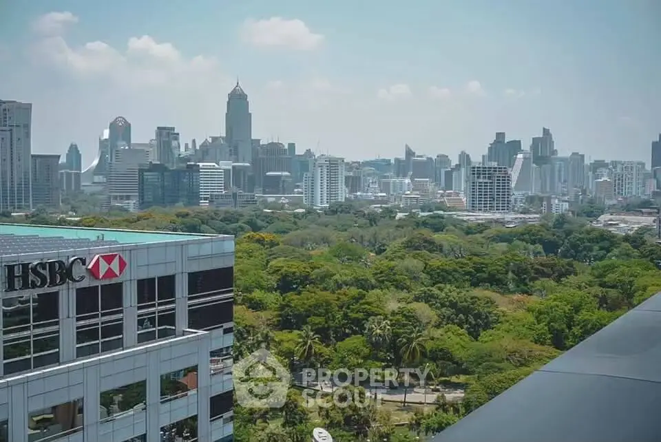 Stunning cityscape view with lush greenery and modern skyscrapers