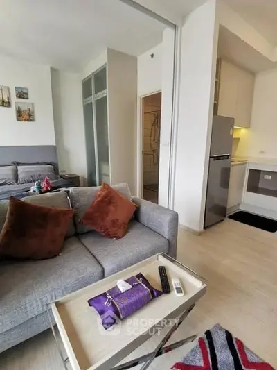 Modern studio apartment with cozy living area and compact kitchen