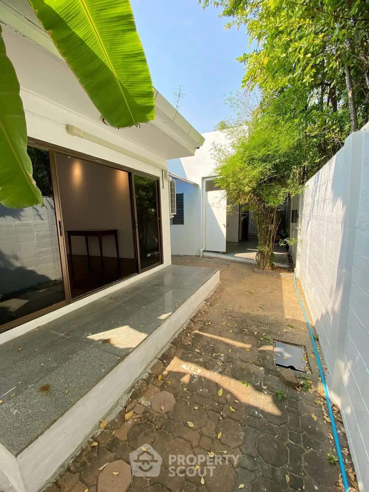 Charming backyard with lush greenery and modern patio in a serene residential setting.