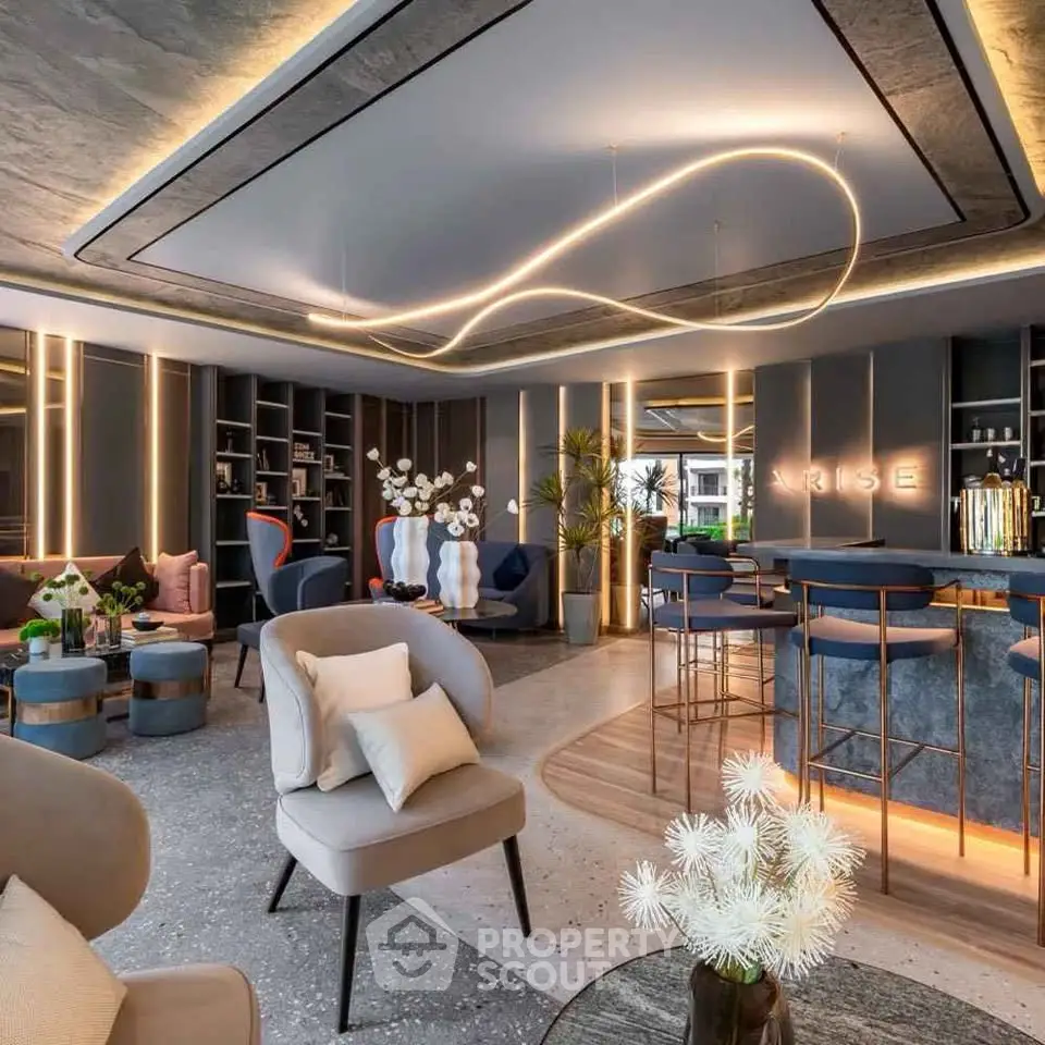 Luxurious modern living room with elegant lighting and stylish decor, perfect for sophisticated gatherings.