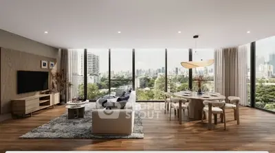 Luxurious living room with panoramic city views and elegant dining area, featuring modern decor and floor-to-ceiling windows.