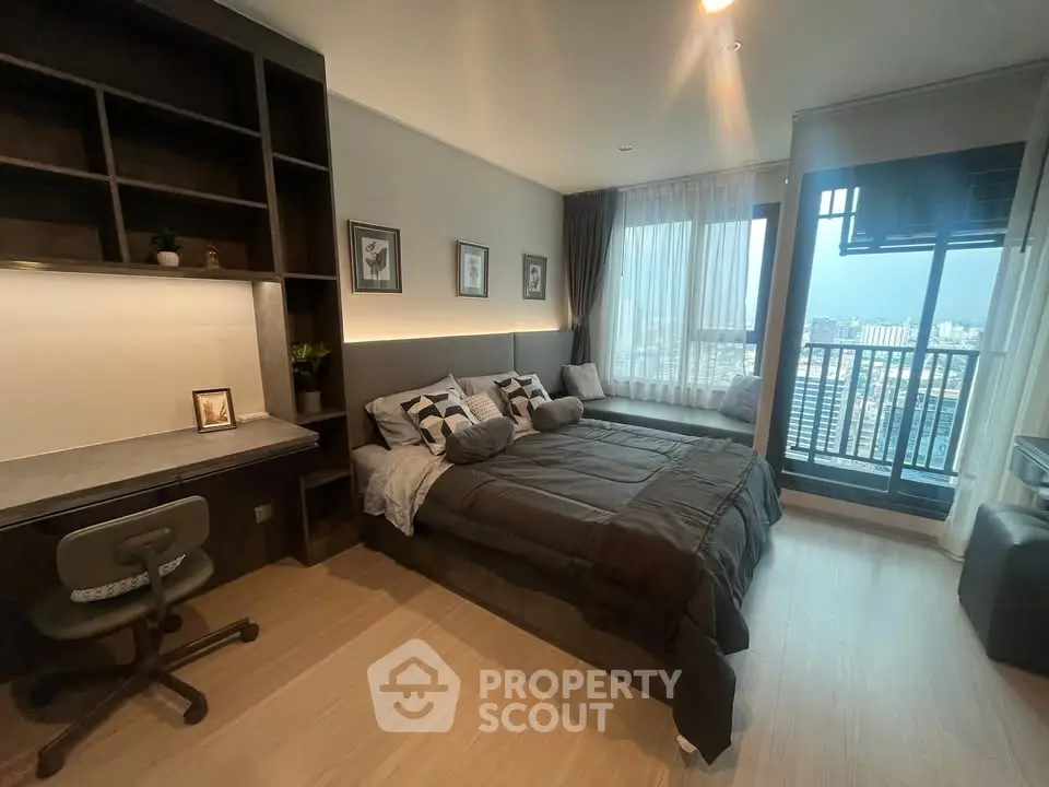 Modern bedroom with city view and stylish decor